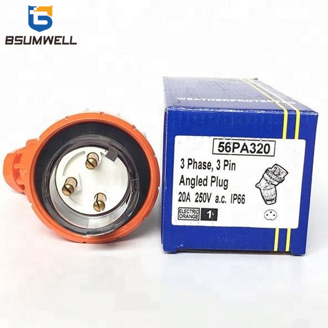 Australia Standard 56PA320 three phase 250V 20A 20 amp 3P 3 round pin Waterproof Angled industrial plug with CE
